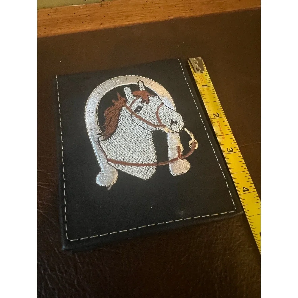 Vintage Leather Horse Horseshoe Embroidered Black Bifold Wallet Western Cowboy